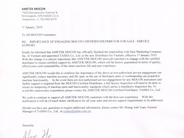 AMETEK MOCON ch&iacute;nh thức chấm dứt hợp t&aacute;c với c&ocirc;ng ty Sure Marketing Inc tại thị trường Việt Nam trong việc cung cấp thiết bị v&agrave; c&aacute;c dịch vụ hỗ trợ kỹ thuật của h&atilde;ng từ ng&agrave;y 1/1/2019.